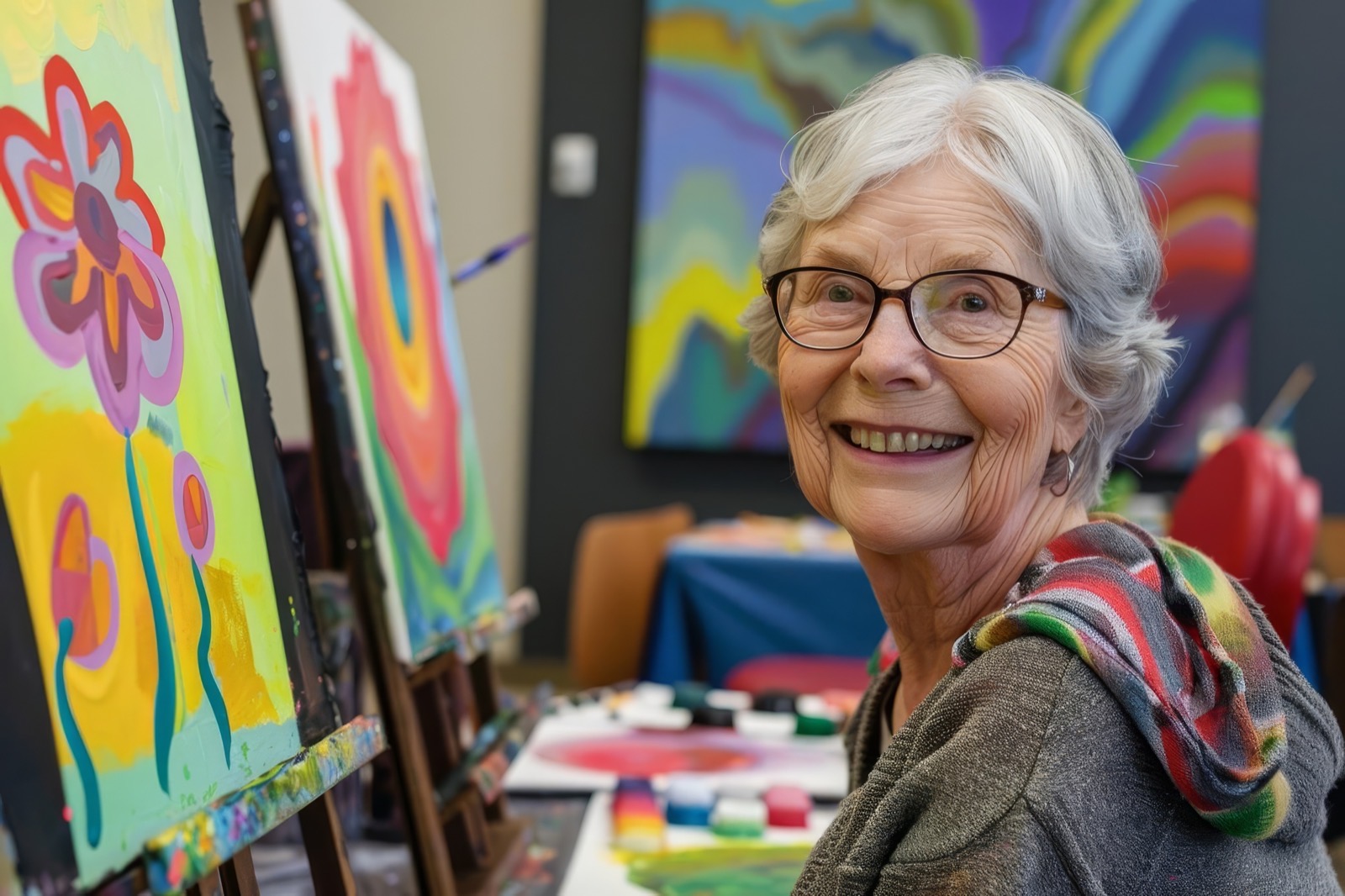Smiling older woman painting at an easel — protecting your vision means continuing to enjoy the things you love